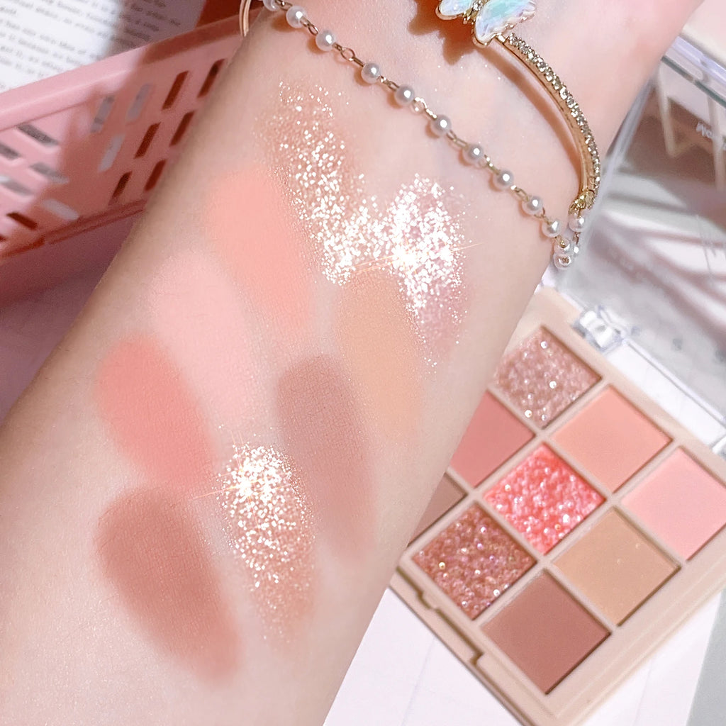 Shiny 9 Color Eyeshadow Palette Shiny Pearly Glitter FinishBrown Coral Chocolate Golden Eyeshadow Palette
