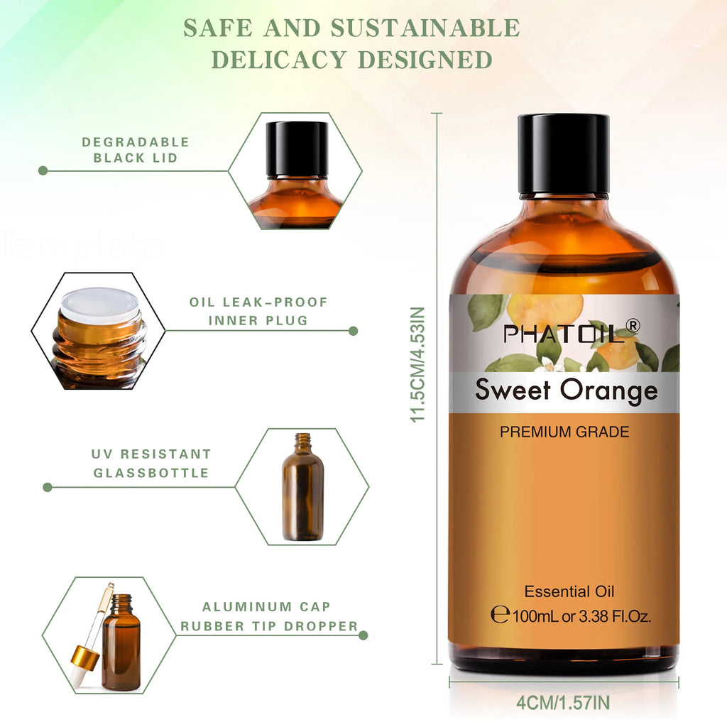 PHATOIL 100ml Sweet Orange Essential Oil For Diffuser Aromatherapy Premium Fragrance Essential Oils For Candle Making DIY Soap