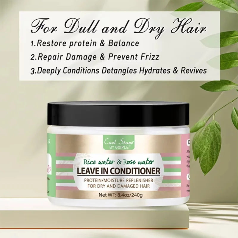 Rice Water and Rose Water Leave-In Conditioner Dry Frizzy Hair Hydrating Essence Cream Enhances Hair Elasticity & Luster Product