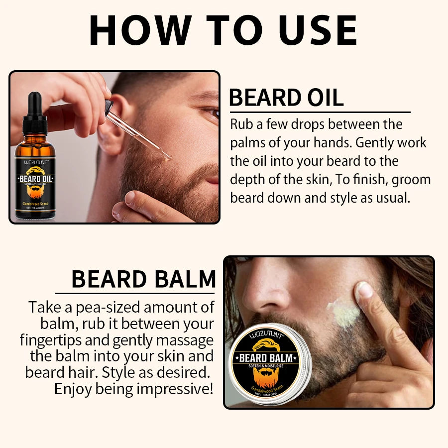 100% Natural Sandalwood Scent 30ml Beard Oil and 30g Balm Soften Strengthen Moisturize Men Beard Grooming Care Product