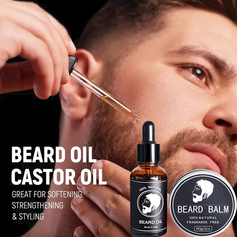Beard Oil Set-Facial Beard Growth Oil Beard Wax Balm Natural Mustache Growing Essential Oil Beard Care Essence Oil Beard Cream