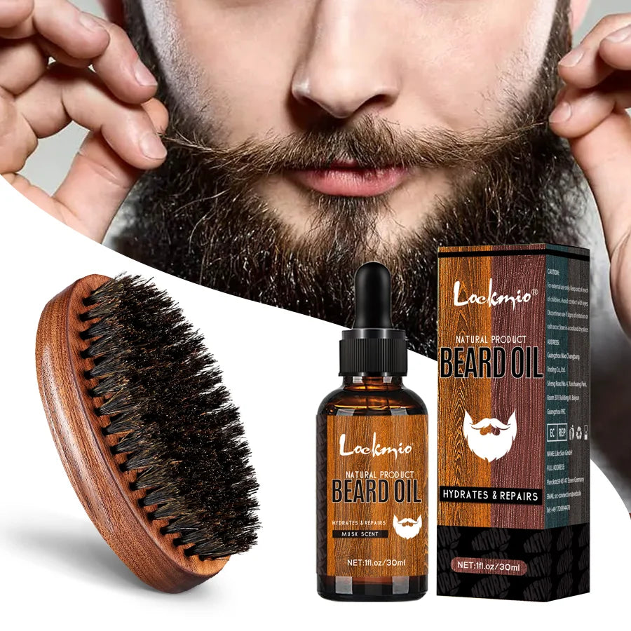 LOCKMIO Beard Grooming Set Musk Scent Beard Oil And High Quality Brush Nourishing Shine Soften Easily Shape Style For Men