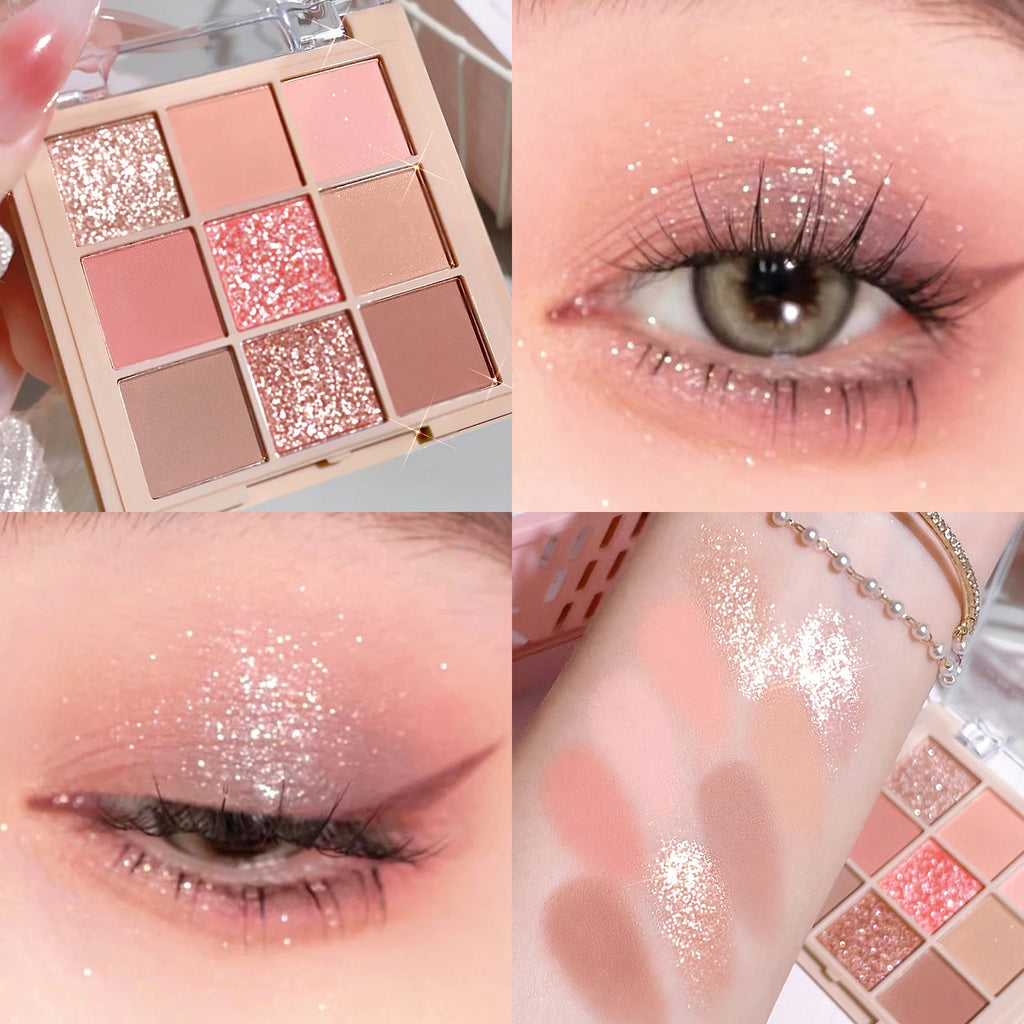 Shiny 9 Color Eyeshadow Palette Shiny Pearly Glitter FinishBrown Coral Chocolate Golden Eyeshadow Palette