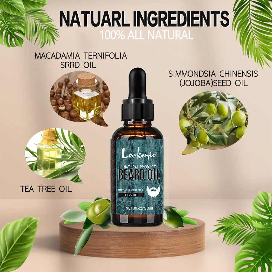 5pcs/set Beard Oil Balm for Men Beards Moisturizing Care Essential Oil for Promote Healthy Beards Growth Beard Styling Tool Kit