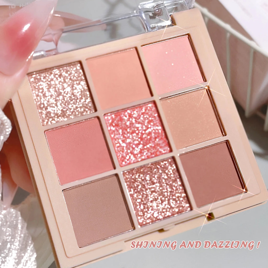 Shiny 9 Color Eyeshadow Palette Shiny Pearly Glitter FinishBrown Coral Chocolate Golden Eyeshadow Palette