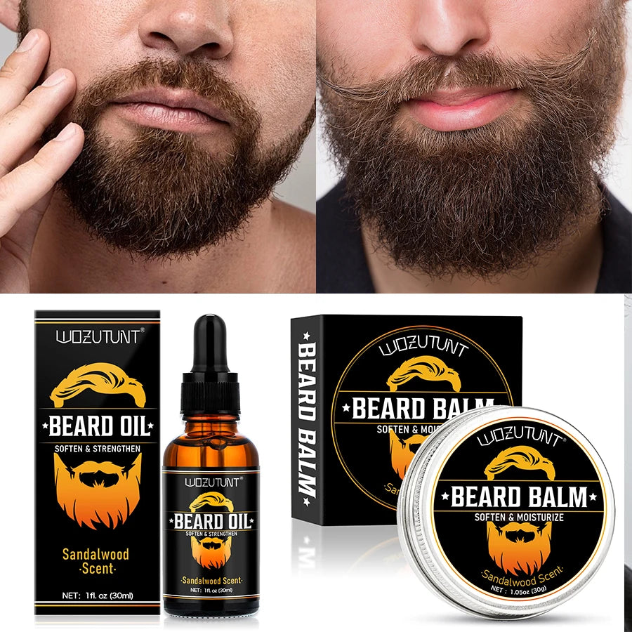 100% Natural Sandalwood Scent 30ml Beard Oil and 30g Balm Soften Strengthen Moisturize Men Beard Grooming Care Product