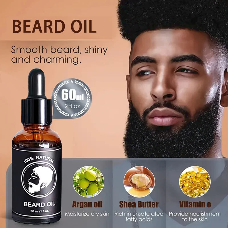 Beard Oil Set-Facial Beard Growth Oil Beard Wax Balm Natural Mustache Growing Essential Oil Beard Care Essence Oil Beard Cream