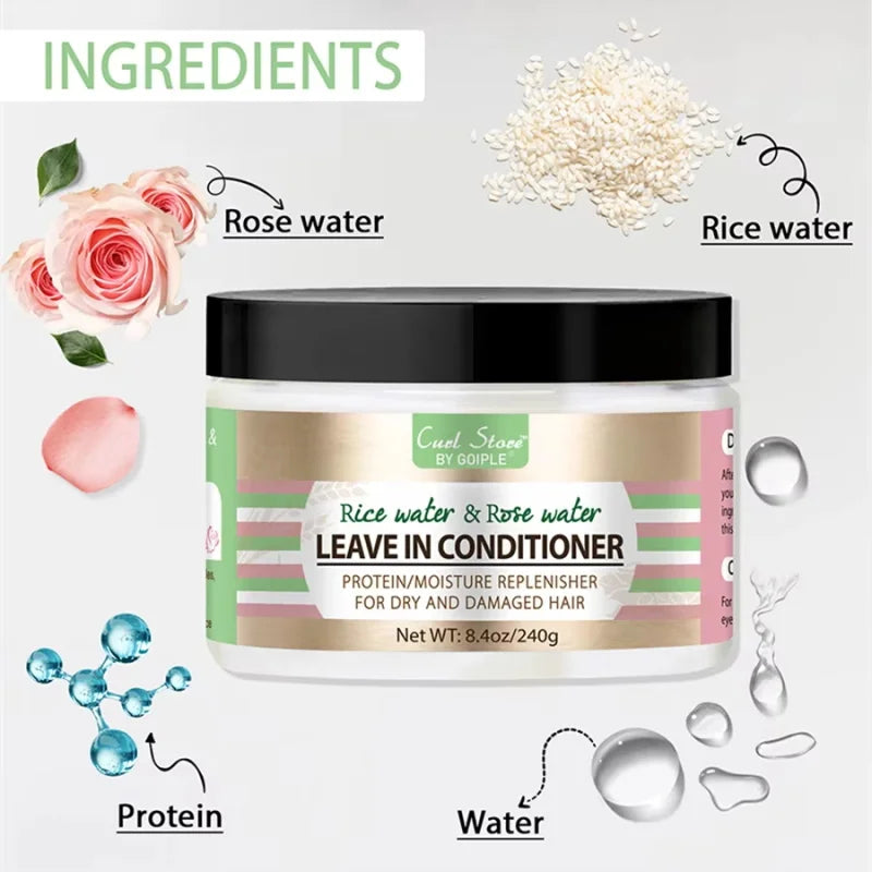 Rice Water and Rose Water Leave-In Conditioner Dry Frizzy Hair Hydrating Essence Cream Enhances Hair Elasticity & Luster Product