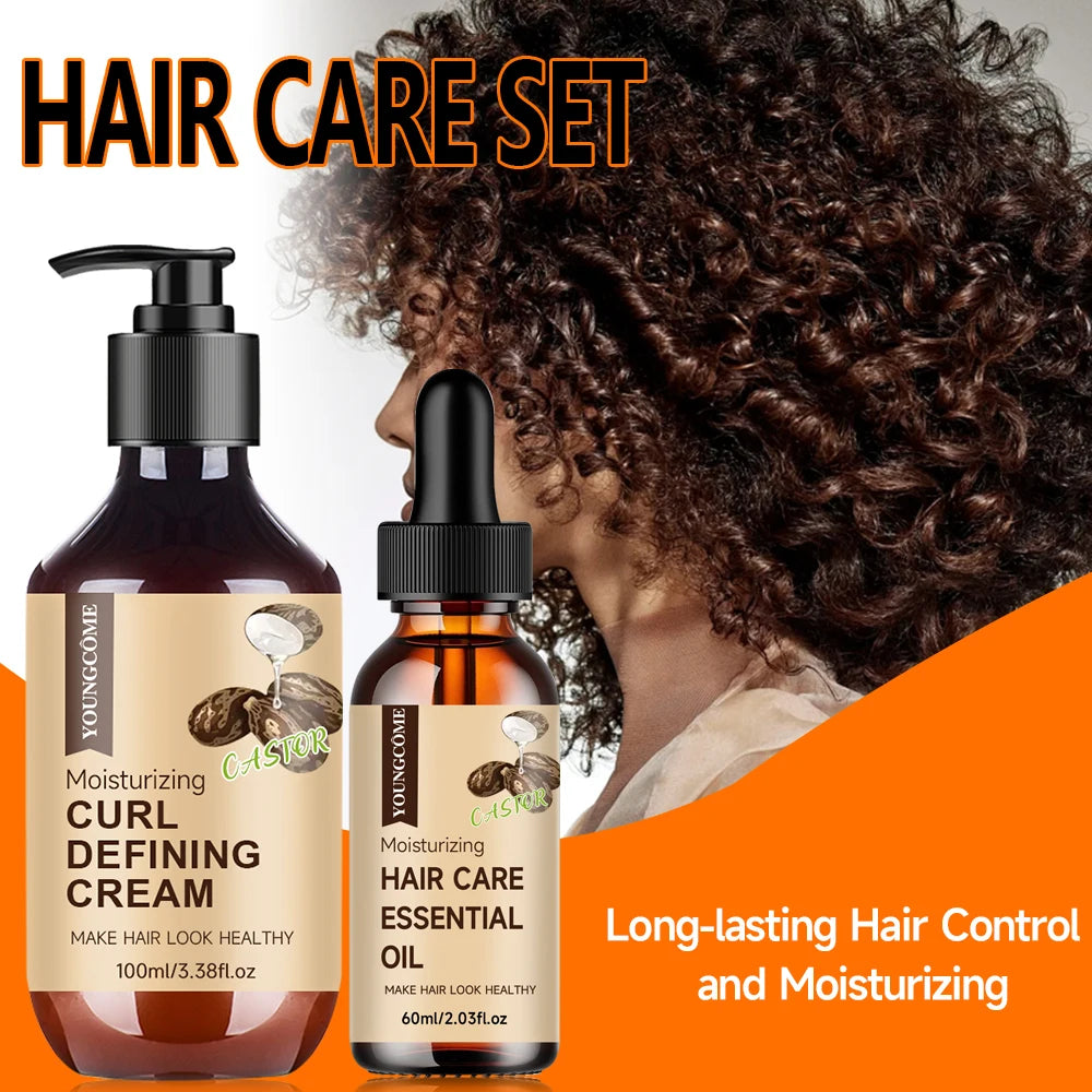 Castor Hair Care Oil Curl Defining Cream Set Non-stick Hydrates & eliminates frizz, Hair-Smoothing Anti-Frizz Cream to Define