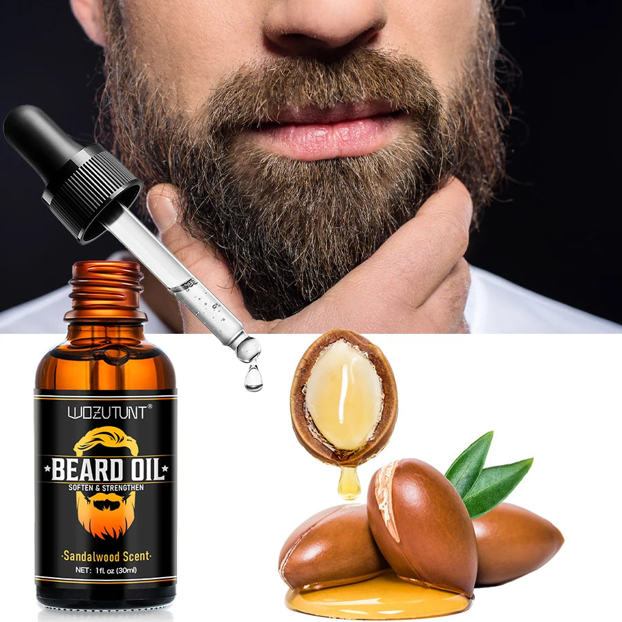 100% Natural Sandalwood Scent 30ml Beard Oil and 30g Balm Soften Strengthen Moisturize Men Beard Grooming Care Product