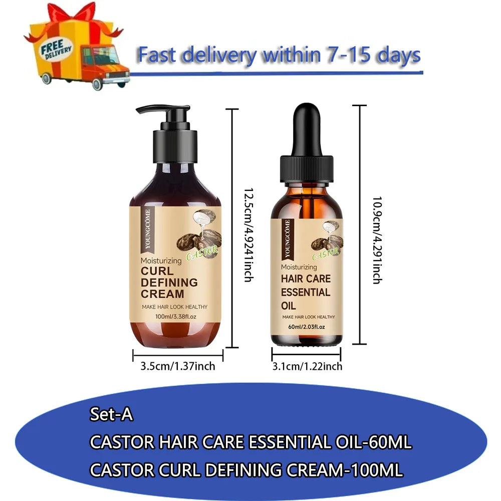 Castor Hair Care Oil Curl Defining Cream Set Non-stick Hydrates & eliminates frizz, Hair-Smoothing Anti-Frizz Cream to Define