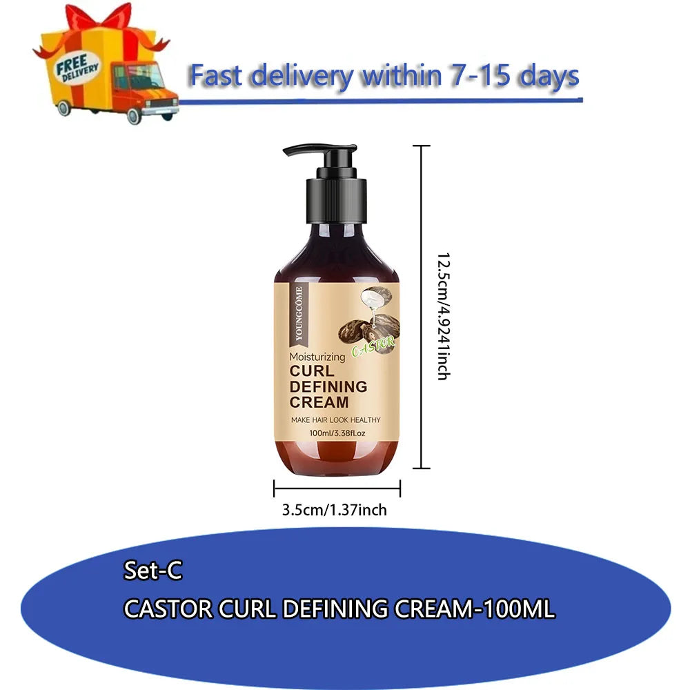 Castor Hair Care Oil Curl Defining Cream Set Non-stick Hydrates & eliminates frizz, Hair-Smoothing Anti-Frizz Cream to Define