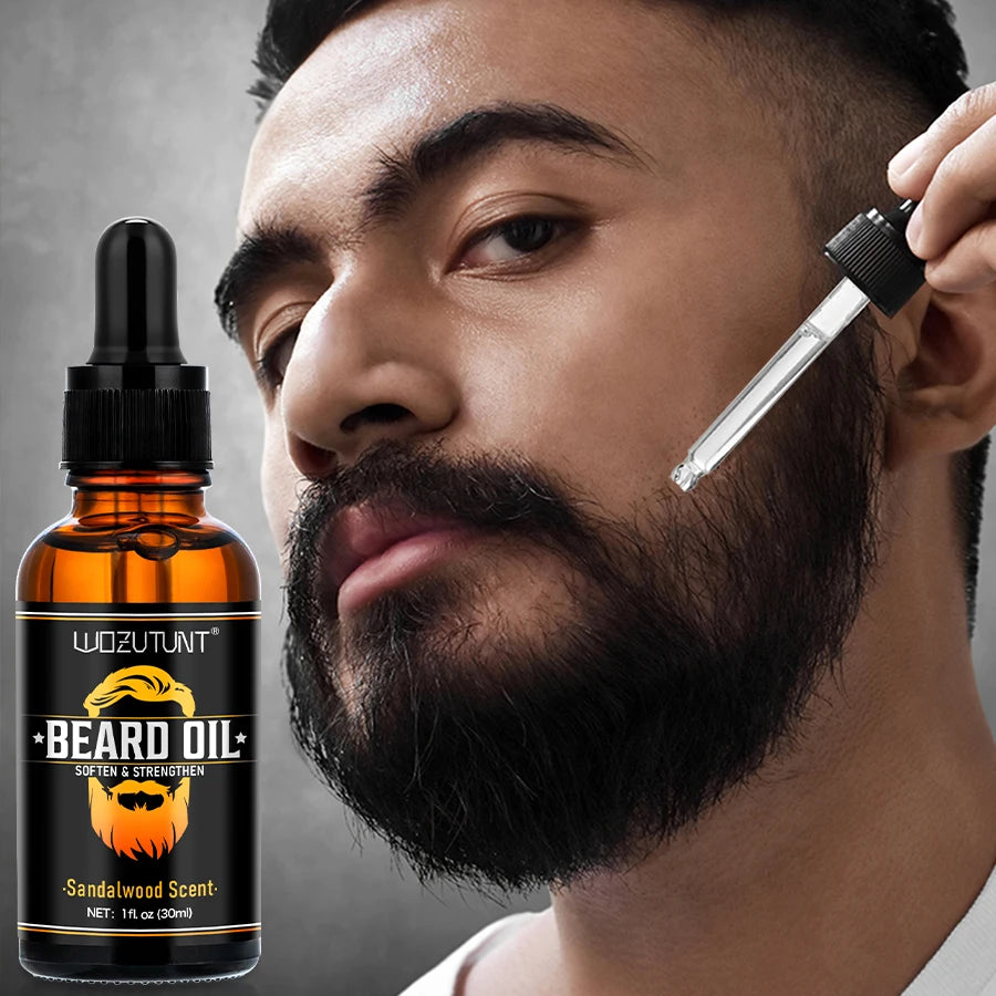 100% Natural Sandalwood Scent 30ml Beard Oil and 30g Balm Soften Strengthen Moisturize Men Beard Grooming Care Product