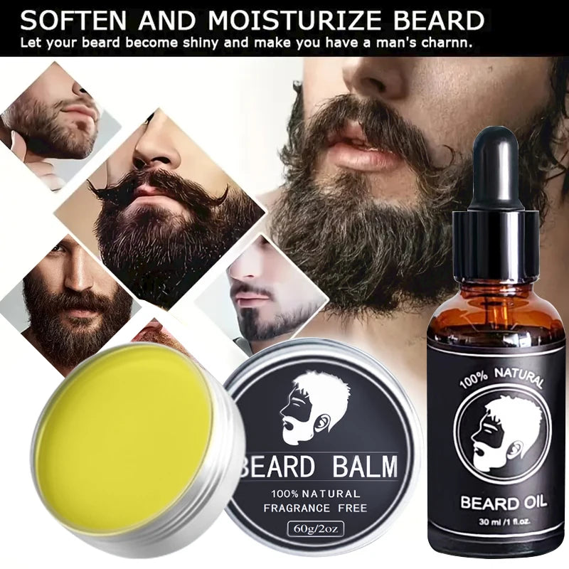 Beard Oil Set-Facial Beard Growth Oil Beard Wax Balm Natural Mustache Growing Essential Oil Beard Care Essence Oil Beard Cream